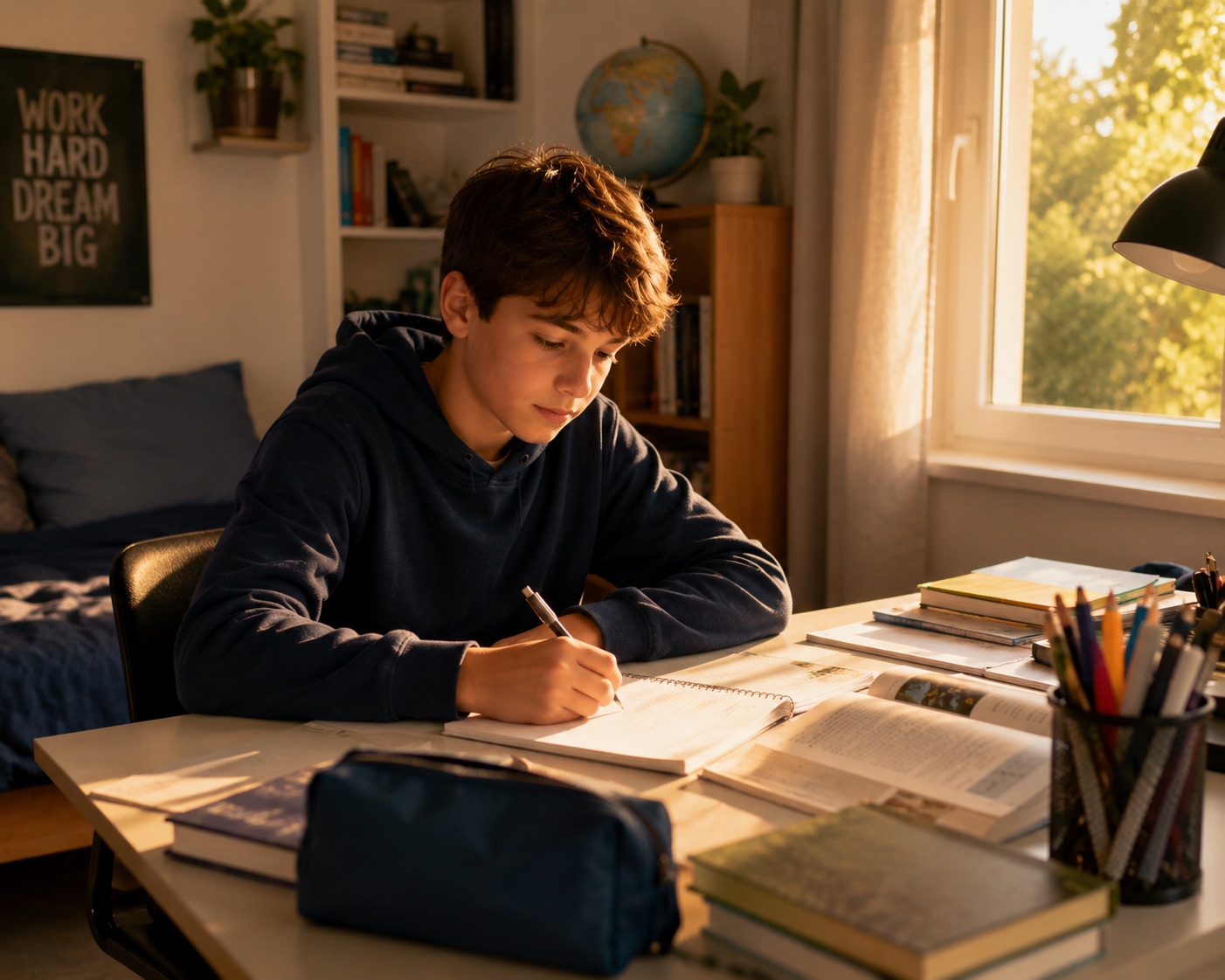 Adolescent concentré en train de faire ses devoirs à son bureau